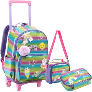 Mochila Escolar Rodinhas Menina Unicórnio com Lancheira e Estojo