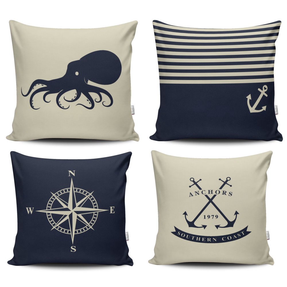Kit 4 Capas de Almofada Decorativas Estampadas - Marinheiro