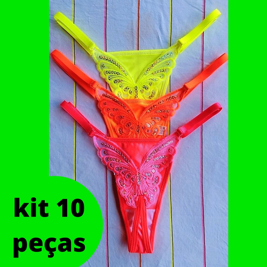 Kit C 10 Calcinha Borboleta Fio Dental Sexy Neon Shopee Brasil