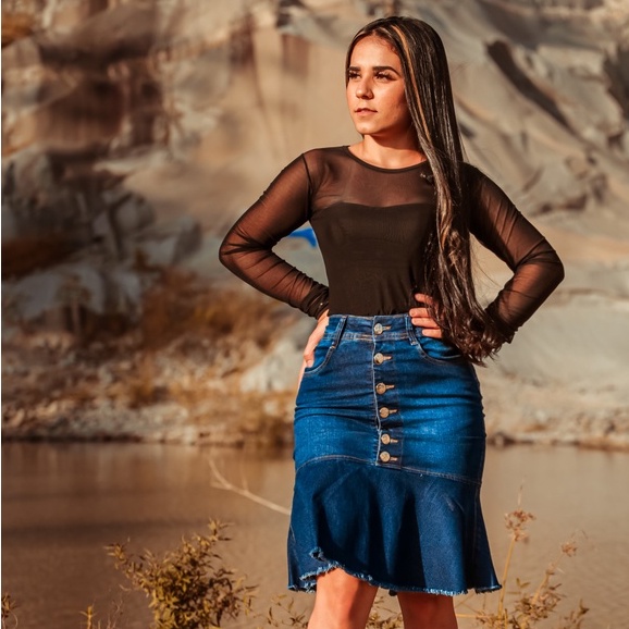 Saia Jeans Com Babado Moda Feminina Evangelica Cintura Alta Lycra