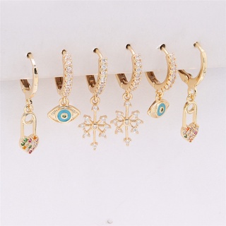 Kit 6 Peças Brincos Argola Luxuoso Femininos Cravejado Pedra Colorida CoraçãoBanhado A Ouro 18k