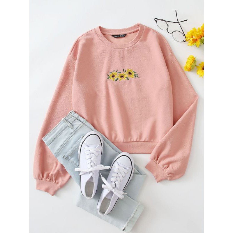 Moletom Cropped Agasalho Blusa Manga Longa Rosa Bebê Estampa Girassol  Tumblr Shein Aesthetic Vintage