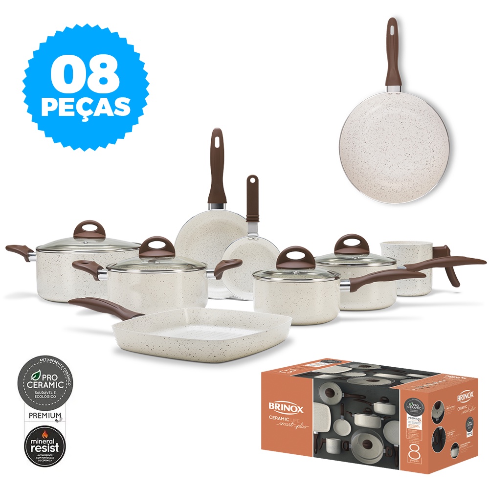 Jogo de Panelas Antiaderente Ceramic Life Smart Plus Vanilla 9 Peças -  Brinox 4791/105 4952/101