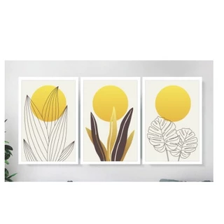Kit 3 Quadros Decorativos Abstrato Geométrico Floral Amarelo Com Moldura Para Sala De Estar Quarto De Casal Corredor Casa Hall