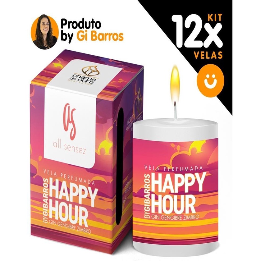 Kit 12x Vela Aromatica Velas Perfumada Decorativa 60g Perfume Happy Hour Linha By Gi Barros