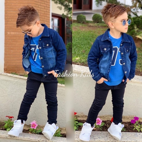 Conjunto Roupa Infantil Bebê Jaqueta Casaco Jeans + Calça Jeans Preta Menino