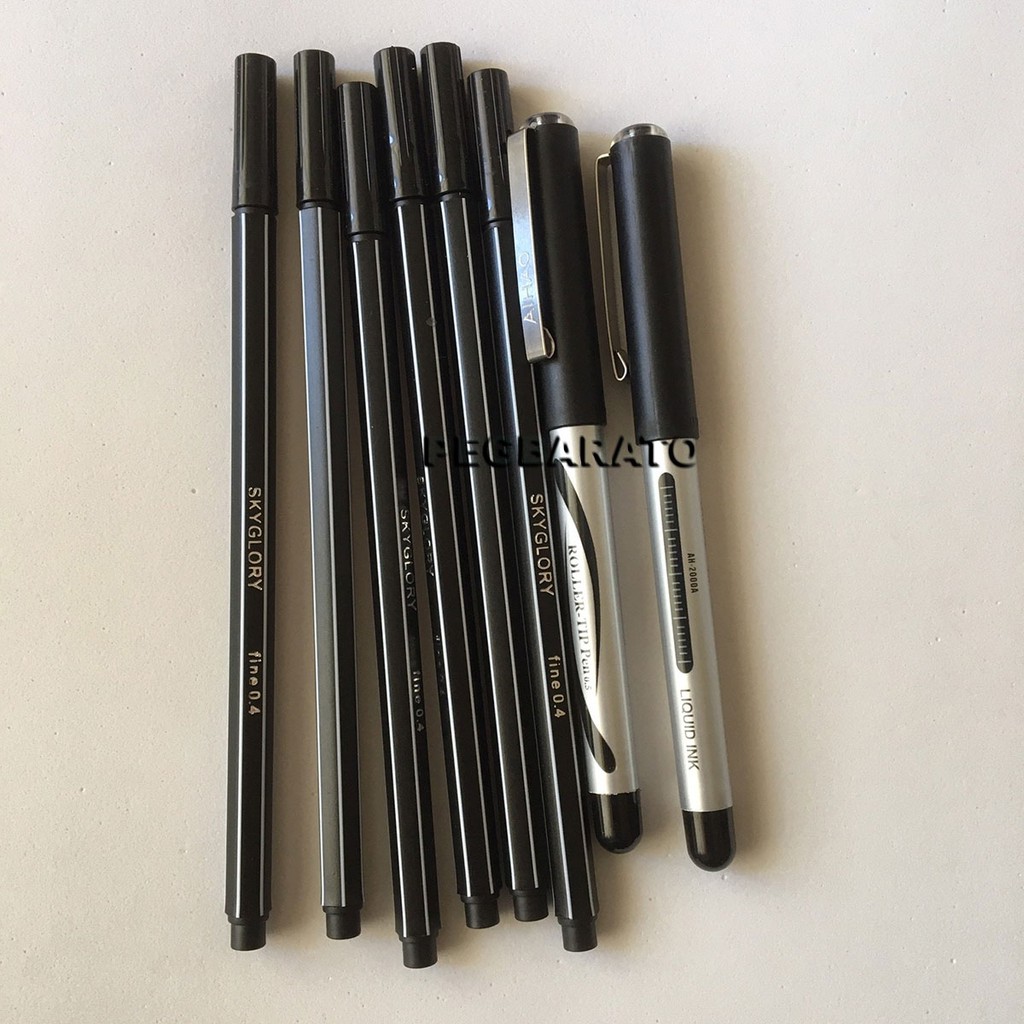 Kit 6 Canetas Ponta Fina 0.4 Cores Pretas + 2 Canetas Pretas Roller Pen Fina 0,5mm