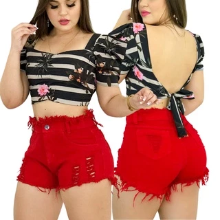 Bermuda Vermelho Short Jeans Feminino Cintura Alta Hot Pants
