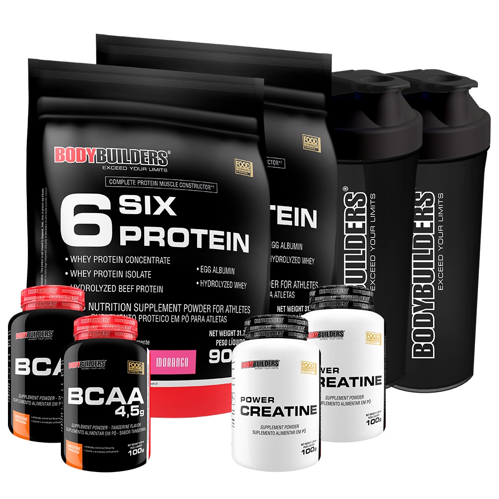 Kit 2x Whey Protein 6 Six Protein 900g + 2x BCAA 100g + 2x Power Creatina 100g + 2x Coqueteleira – BodyBuilders