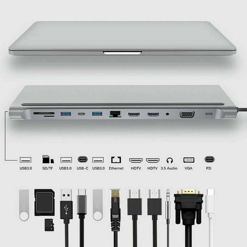 Adaptador Hub Usb Tipo C 12 Em 1 Para 2 Hdmi Vga Tf Com Áudio Pd Para ...