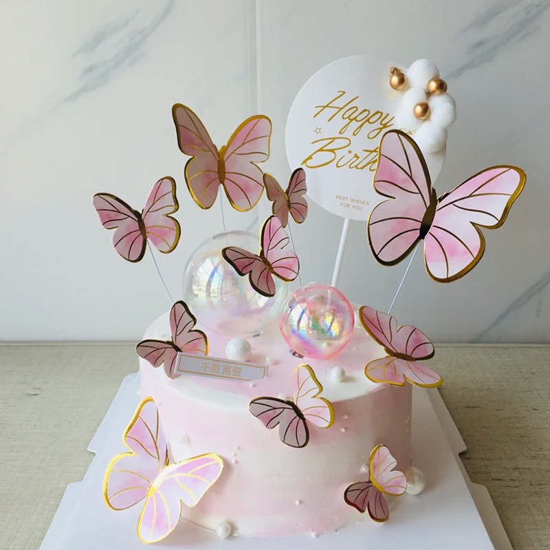 Decoração para bolo com borboleta dourada rosa infantil, cobertura para bolo  de feliz aniversário para chá de bebê, presente de decoração de bolo de  casamento