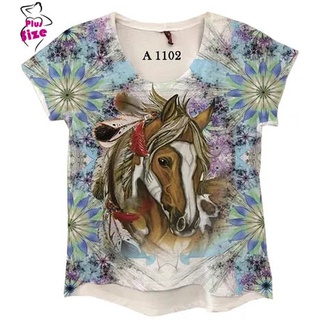 Camiseta Feminina Com Flores Cavalo Marrom Country A 1102