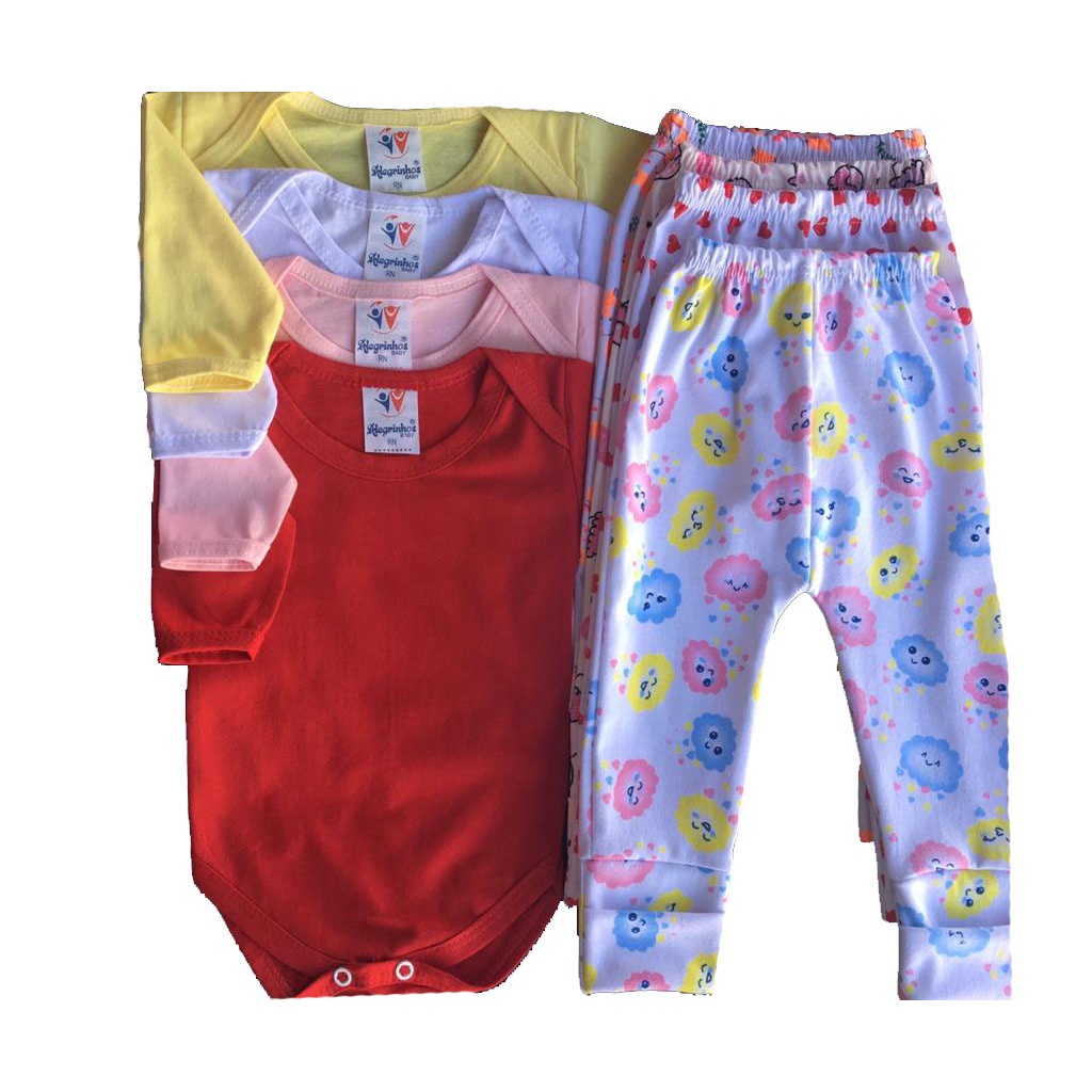Promoção 4 Body Manga Longa Bebe Malha Liso 4 Culote Pé Reversível Estampado Algodão Menino Menina Tamanho Recém Nascido ao GG