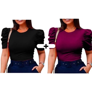 Kit 2 Blusa Princesa Bufante Feminina Blusinha Manga Curta Canelada Tendencia Moda Verão Tamanho Sem Bojo (Web Shop)