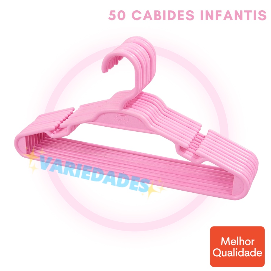 Kit 50 Unidades Cabides Infantis Reforçado Roupa Infantil Bebê Cor: Rosa