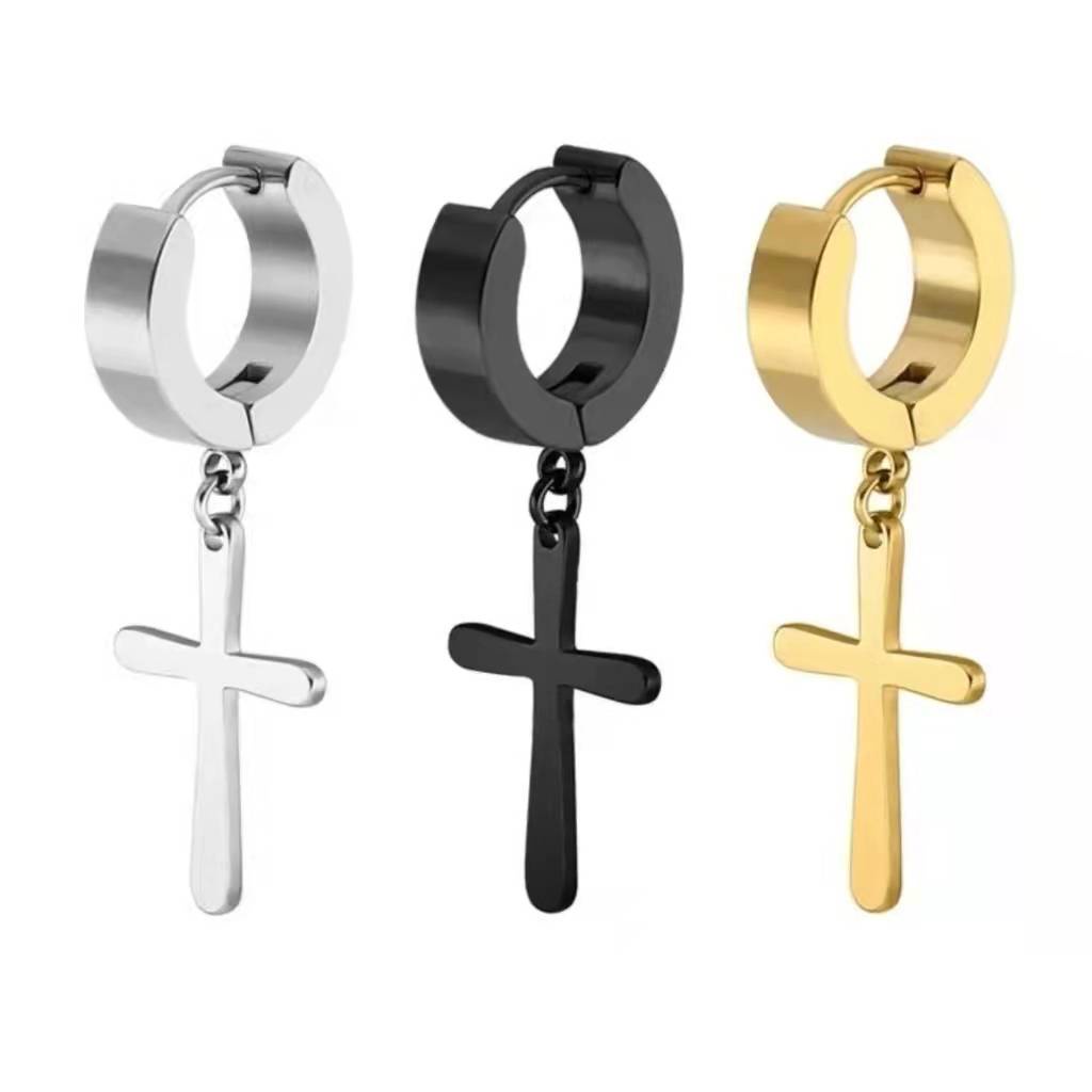 Brinco com cruz crucifixo Argola prata preto masculino feminino Aço inox
