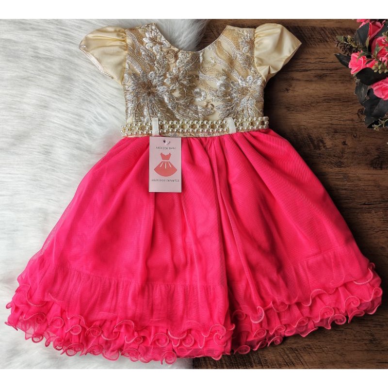 VESTIDO BEBE FESTA PRINCESA REALEZA RENDA ESTRUTURADA CORAL