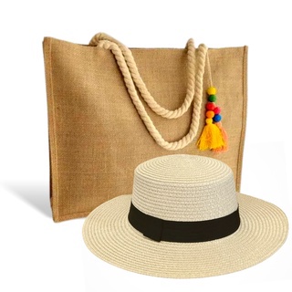Kit Chapéu Paris Boater e Bolsa de Juta ecológica Com Alça de Corda e Chaveiro Promoção - Conjunto Praiana Verão 2023 - Linha Luxo