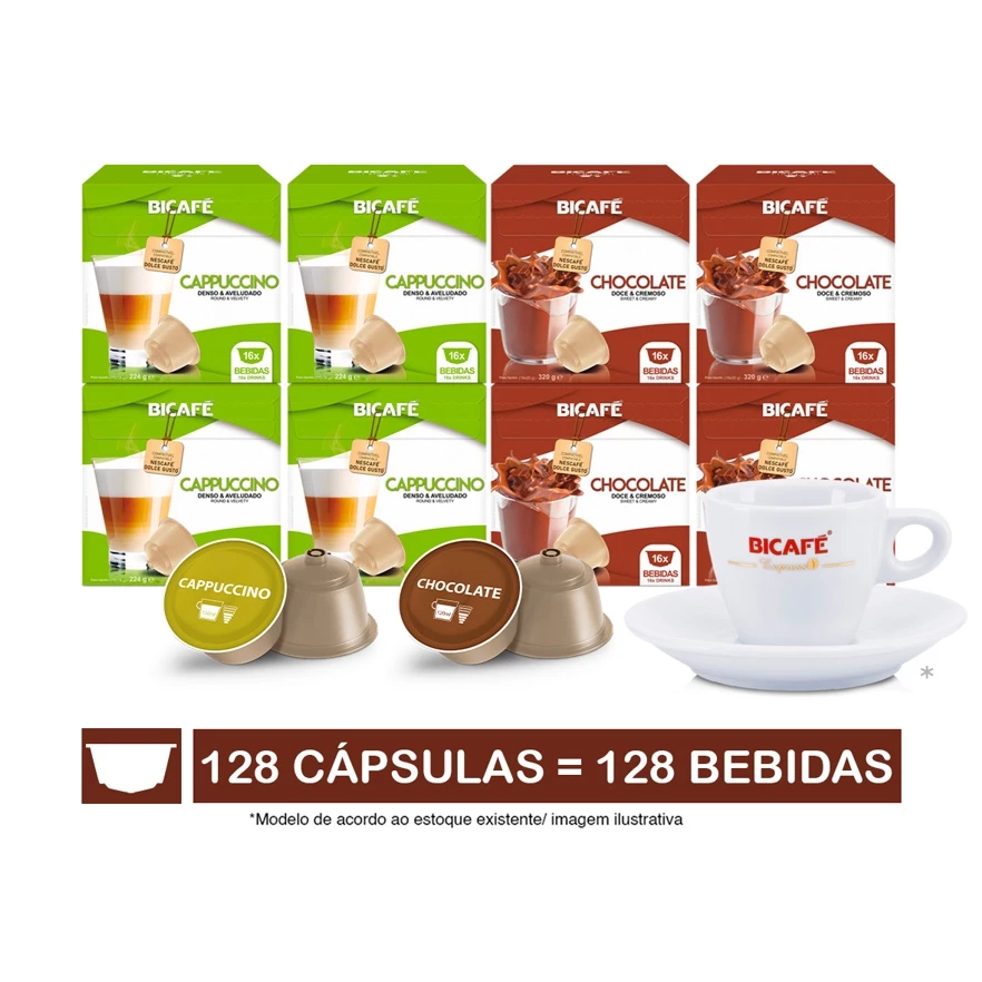 Kit 128 Cápsulas Lácteos Bicafé P/ Máquinas Dolce Gusto* + Xícara