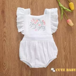 ➤ ♕ ❀ ❤Macacão infantil de verão para meninas, sem mangas, babado, bordado com padrão de flores