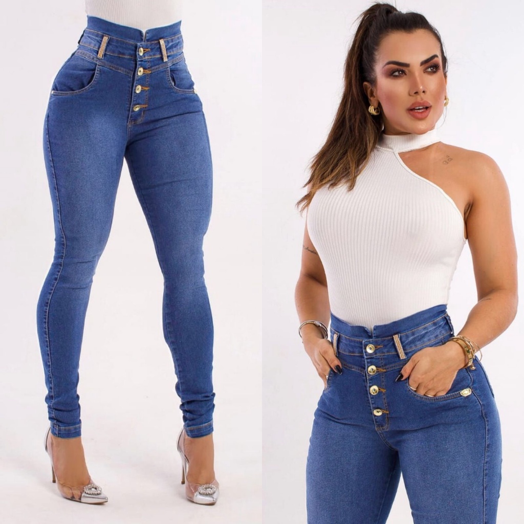 Calça Jeans Preta Feminina Skinny Com Lycra Cintura Alta Corte Do