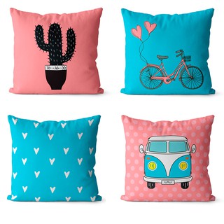 kit 4 capas de almofadas geométrica rosa e azul