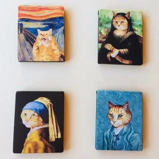 Quadrinhos decorativos, obras famosas com rosto de gatinhos ( Mona Lisa, Van Gogh, O grito, Moça com brinco de perola).