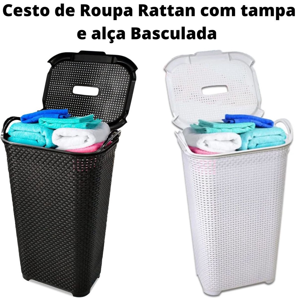 Cesto de roupa Rattan c/ Tampa e alça Basculada 50LTS- ARQPLAST