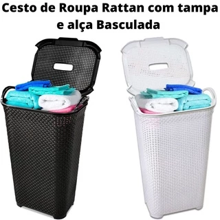 Cesto de roupa Rattan c/ Tampa e alça Basculada 50LTS- ARQPLAST
