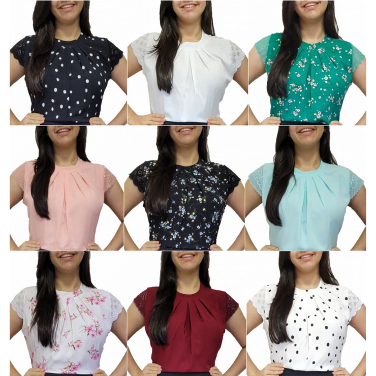 Kit 5 Blusas Femininas Blusinha Manga Curta com Renda Moda Evangélica Social  Executiva Barata Promoção