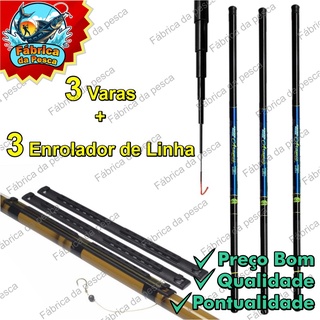 Kit 3 Vara Pesca 2,10m Telescopica tilapia lambari e outros +enrolador de linha