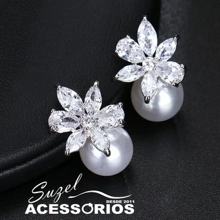 Brinco Noiva Pérola Zirconia Prata Festa Debutante Strass