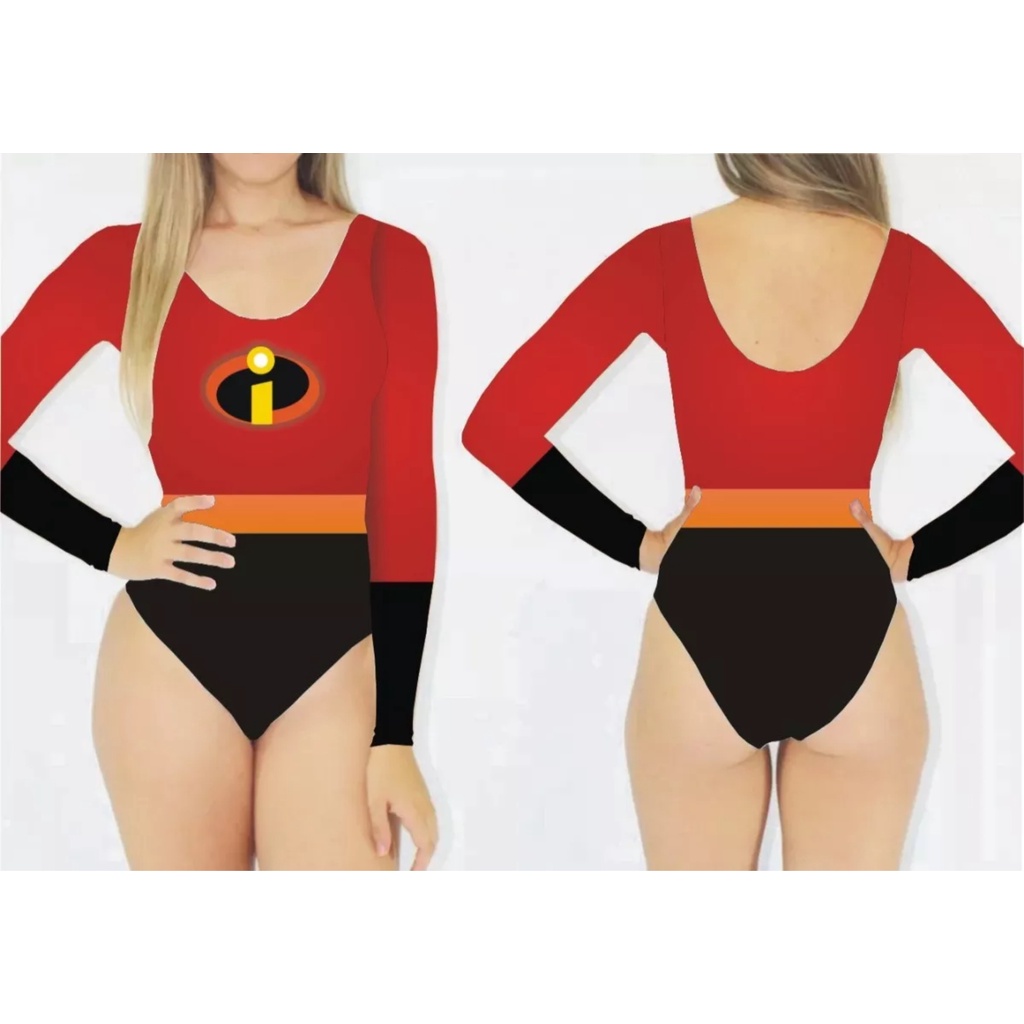 Body Manga Longa Feminino Super Heróis Os Incríveis Sra Incrível Carnaval Fantasia Inverno Festa