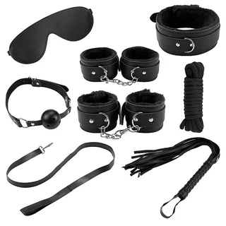 Kit BDSM 8 Peças Sadomasoquismo Fantasia Algema Chicote Fetiche Dominatrix Erotico Bondage