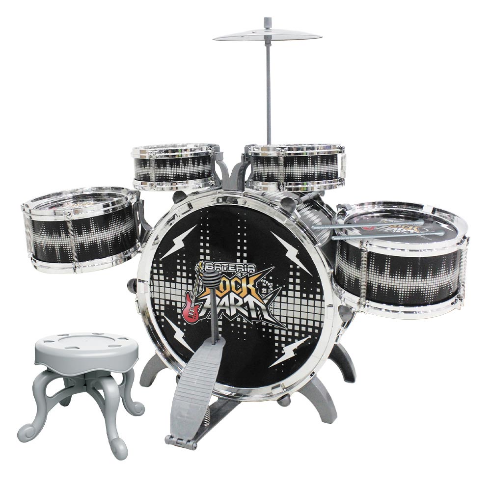 Bateria Instrumento Infantil Rock Party com Banquinho Pedal e Baquetas DM Toys DMT6066 Preta