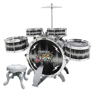 Bateria Instrumento Infantil Rock Party com Banquinho Pedal e Baquetas DM Toys DMT6066 Preta