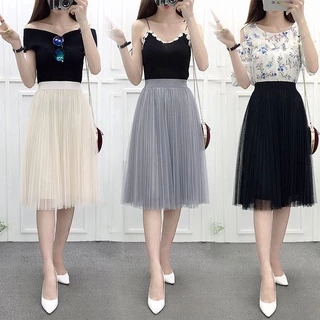 Saia Feminina De Tule Lisa Plissada Nova Moda Malha Saia Midi Cintura Alta Saia Feminina 3 Camadas