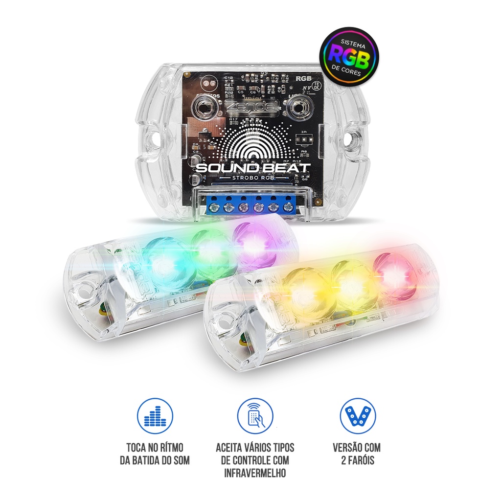 Kit 2 Strobo Automotivo Led Rgb Zendel Rítmico 9w Pisca Com Som