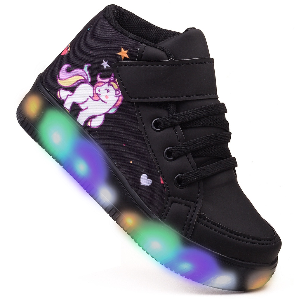 Tenis Feminino Infantil Botinha Unicornio De Led Meninas Cano Alto com Luzinha Linkito