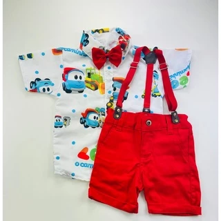 Roupa do LEO O CAMINHÃO infantil para meninos conjunto com Camisa Gravata Bermuda e Suspensório