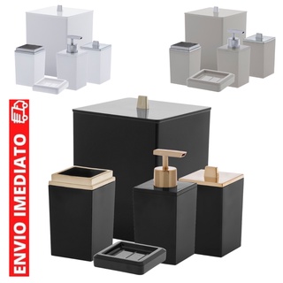 Kit Banheiro Lavabo 5 peças com lixeira porta Sabonete sabonete liquido Escova Algodão