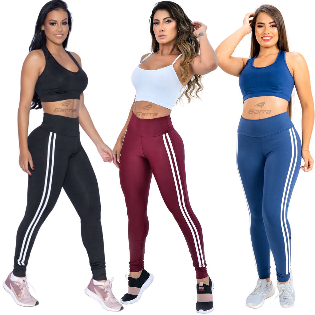 Calça Legging Academia Fitness Cõs Alto Com Detalhe Faixa Lateral Feminino  Suplex in 2023