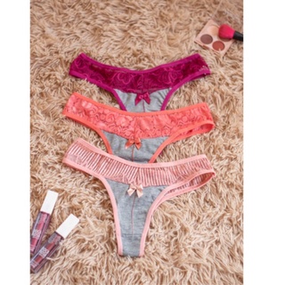 Kit com 3 Calcinhas Fio Dental Algodão com Detalhes em Renda - Atacado Moda Íntima Revenda Lingerie Ref. 020