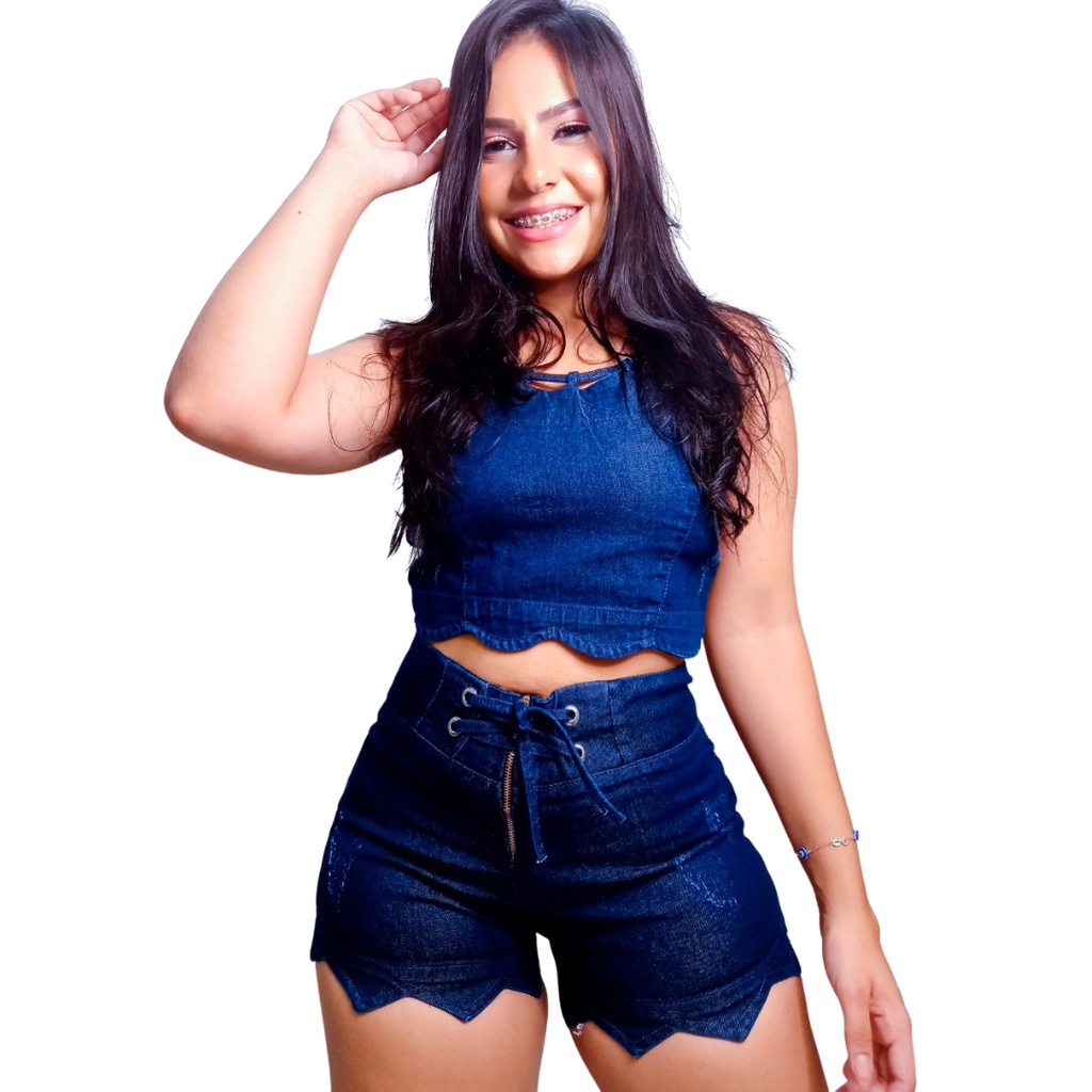 Conjunto Shorts Jeans Y Blusa Crop Top Para Dama Mujer