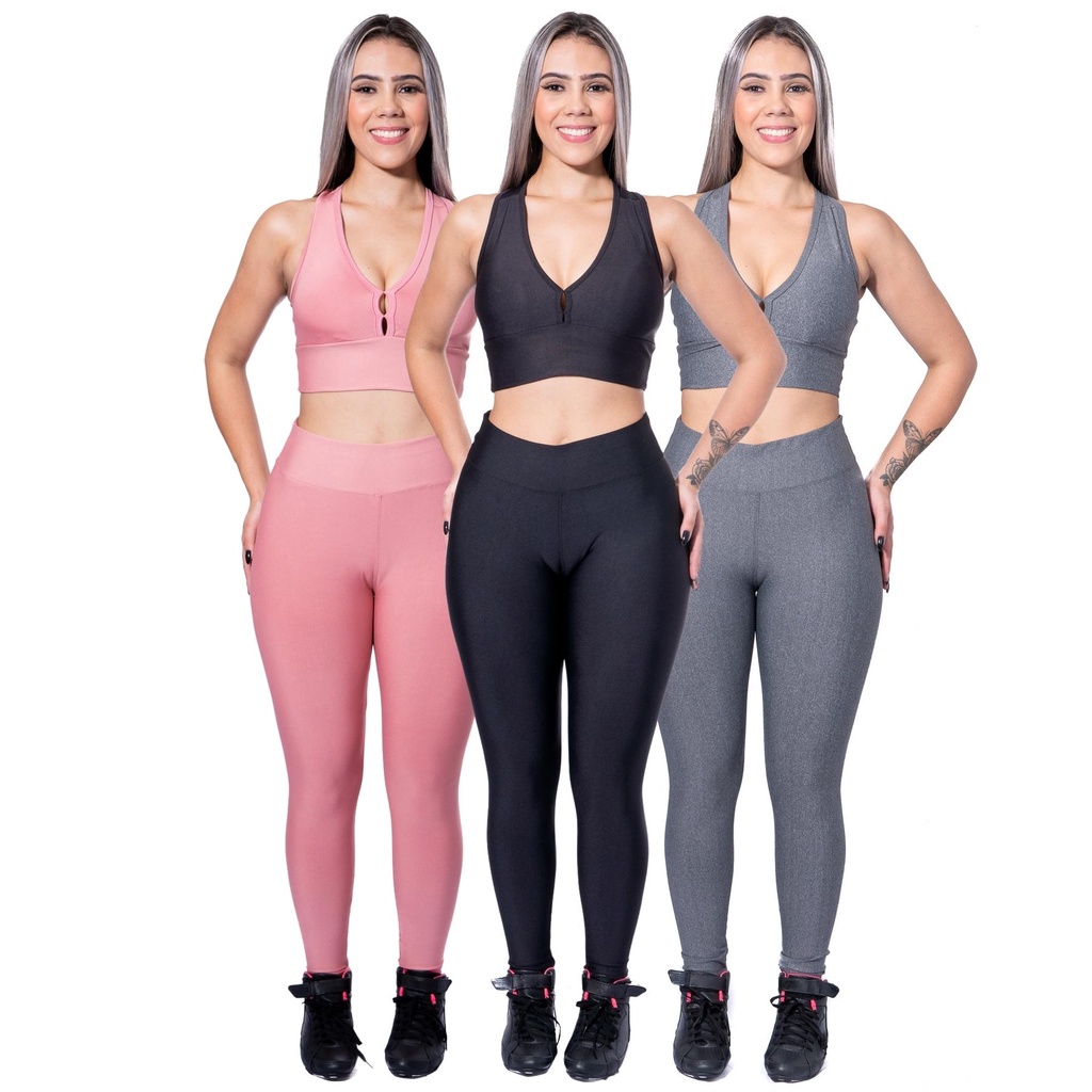 KIT 3 Conjunto Fitness Feminino Top + Calça Legging De Academia Ginástica  Suplex Moda Dudis