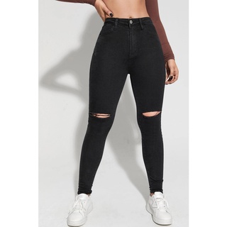 Calça Jeans Feminina Skinny Preta Cintura Alta Rasgo no Joelho