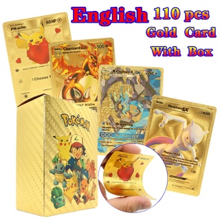 11-110PCS Pokemon Gold Pikachu Cards Box Spanish/English/French