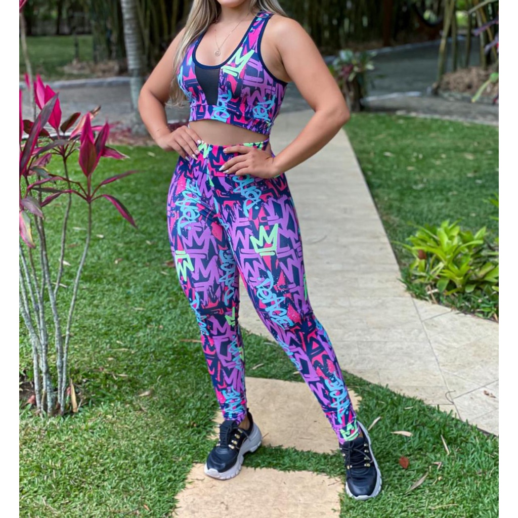 Conjunto fitness feminino de academia telinha calça legging e top cropped  suplex conjunto de treino