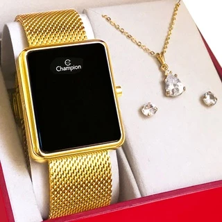 Relógio Champion Feminino Dourado Digital LED Original com garantia de 1 ano acompanha colar e brincos