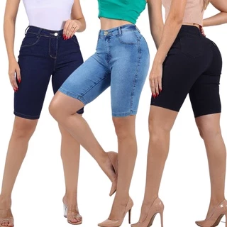 Bermuda Jeans Feminina Ciclista Lycra Elastano Tradicional Até o Joelho Cintura Alta